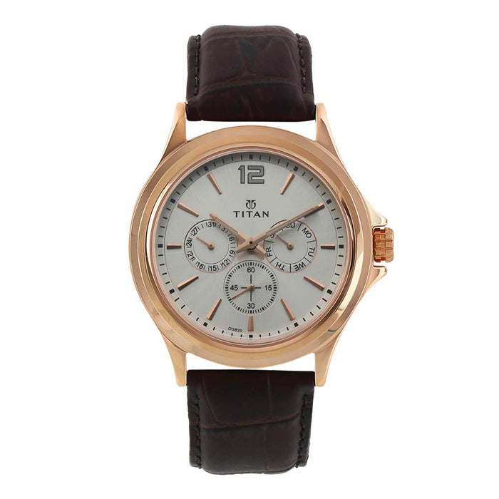 TITAN Workwear Men’s Chronograph Watch | Quartz, Water Resistant, Leather Band | Brown Band and White Dial