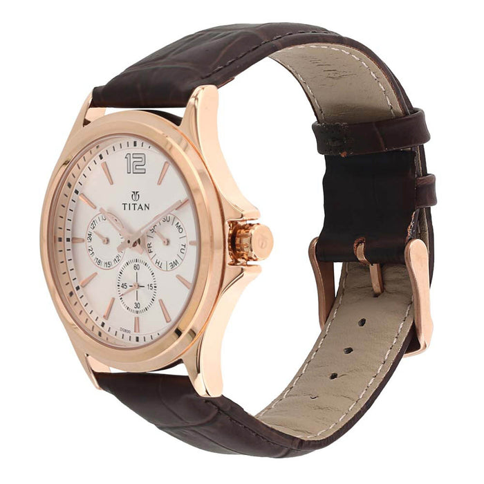 TITAN Workwear Men’s Chronograph Watch | Quartz, Water Resistant, Leather Band | Brown Band and White Dial