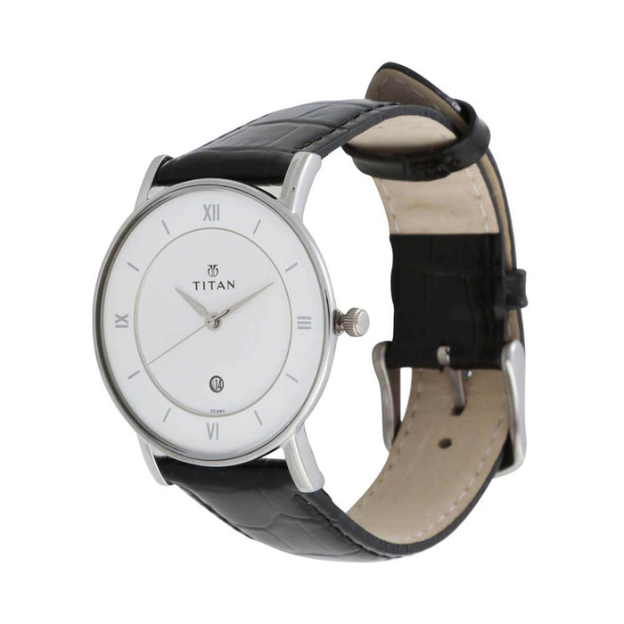 TITAN Workwear Men’s Contemporary Watch - Quartz, Water Resistant, Leather Strap - Black Band and White Dial