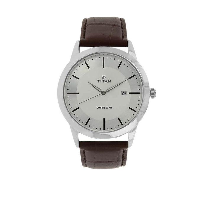 Titan Workwear Men’s Designer Dress Watch | Quartz, Water Resistant, Leather Band | Brown Band and Silver Dial