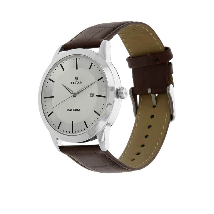 Titan Workwear Men’s Designer Dress Watch | Quartz, Water Resistant, Leather Band | Brown Band and Silver Dial