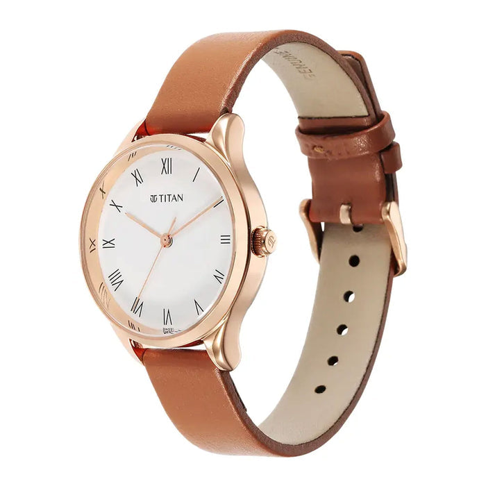 Titan Workwear White Dial Leather Strap Watch for Women 2649WL04