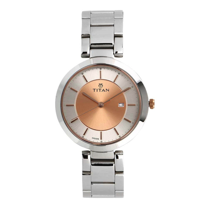 Titan Workwear Women’s Contemporary Watch - Quartz, Water Resistant, Stainless Steel Strap – Silver Band and Gold Dial