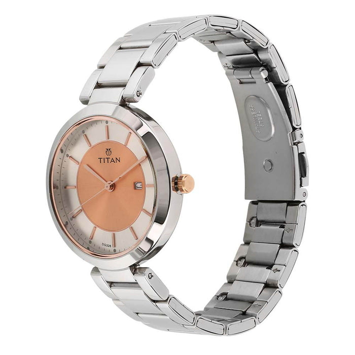 Titan Workwear Women’s Contemporary Watch - Quartz, Water Resistant, Stainless Steel Strap – Silver Band and Gold Dial