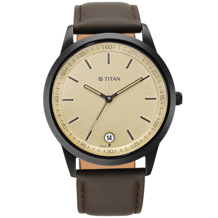 Workwear Watch with Golden Dial & Leather Strap