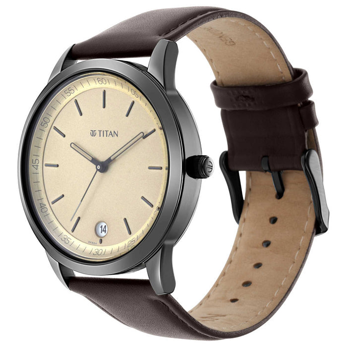Workwear Watch with Golden Dial & Leather Strap